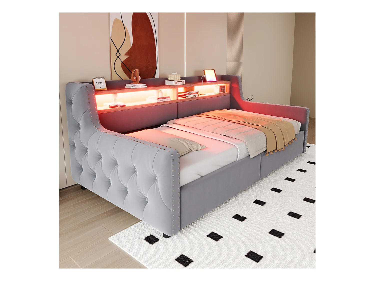 Tapicerowana sofa z łóżkiem 90x200 cm - z oświetleniem LED - schowki - gniazdko elektryczne + port ładowania - jasnoszary