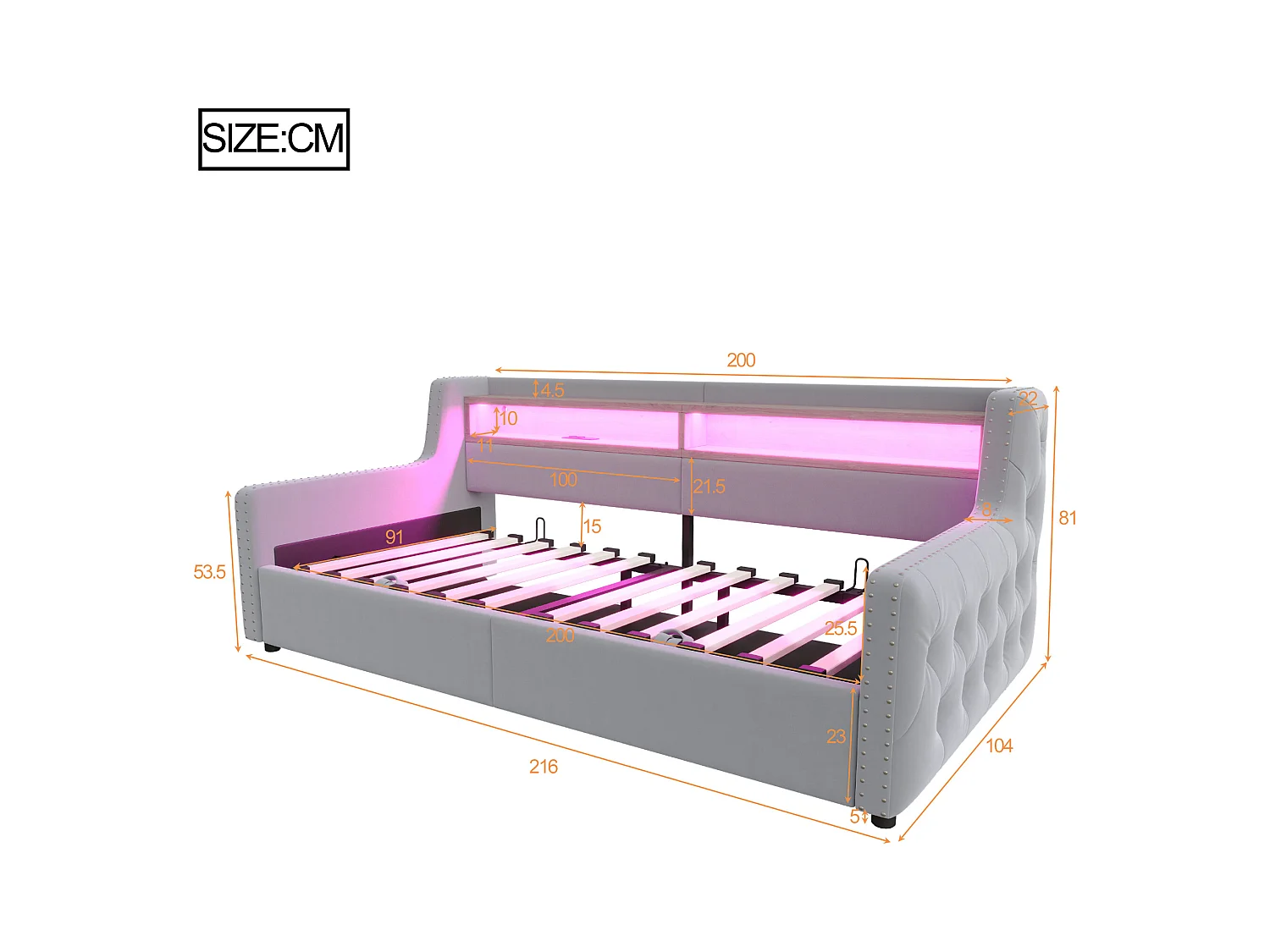 Tapicerowana sofa z łóżkiem 90x200 cm - z oświetleniem LED - schowki - gniazdko elektryczne + port ładowania - jasnoszary