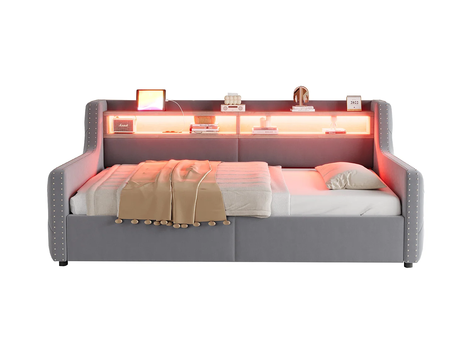 Tapicerowana sofa z łóżkiem 90x200 cm - z oświetleniem LED - schowki - gniazdko elektryczne + port ładowania - jasnoszary