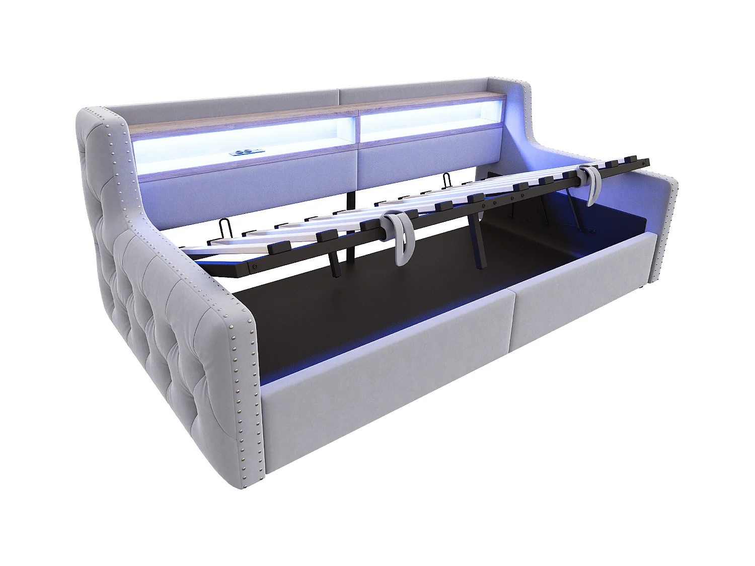 Tapicerowana sofa z łóżkiem 90x200 cm - z oświetleniem LED - schowki - gniazdko elektryczne + port ładowania - jasnoszary