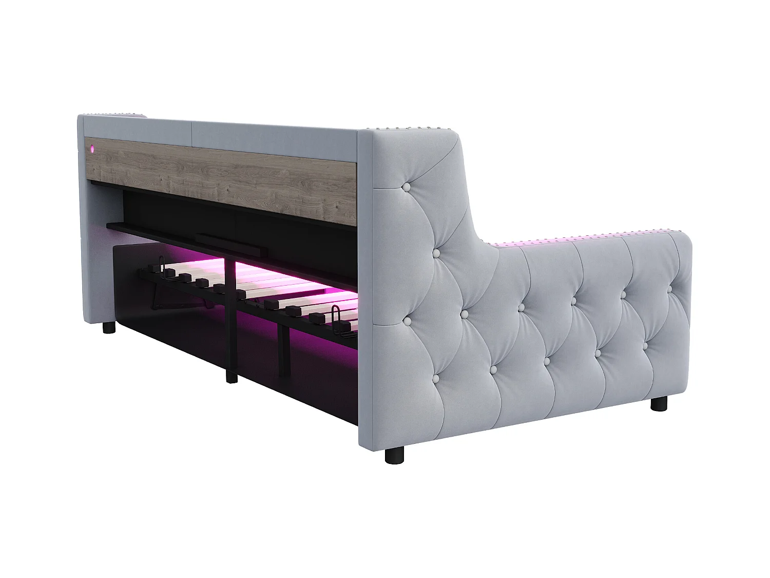 Tapicerowana sofa z łóżkiem 90x200 cm - z oświetleniem LED - schowki - gniazdko elektryczne + port ładowania - jasnoszary