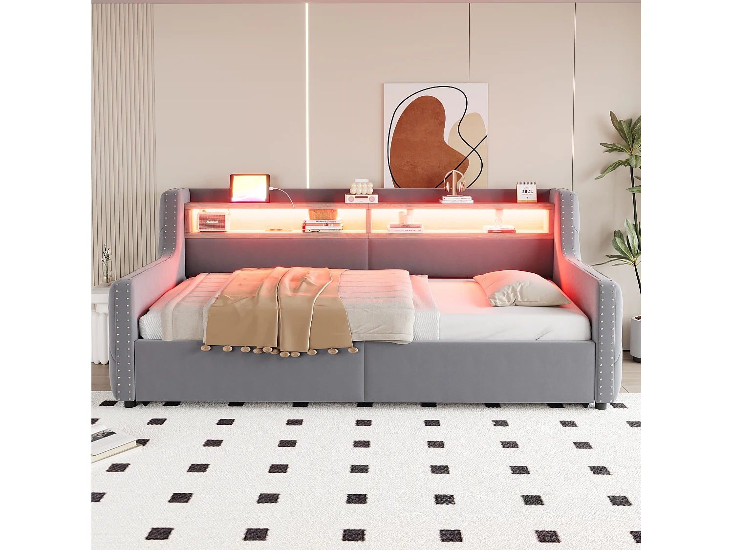 Canapé-lit coffre rembourré 90x200 cm - avec éclairage LED - compartiments de rangement - prise de courant + port de charge - gris clair