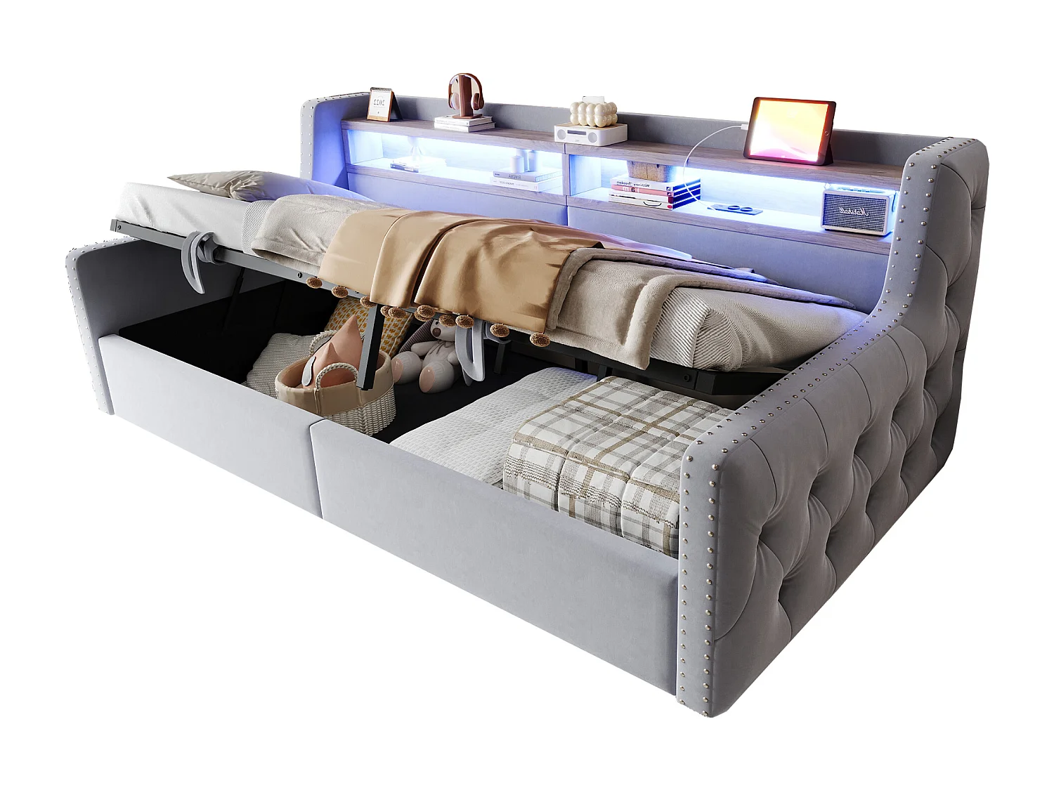 Canapé-lit coffre rembourré 90x200 cm - avec éclairage LED - compartiments de rangement - prise de courant + port de charge - gris clair