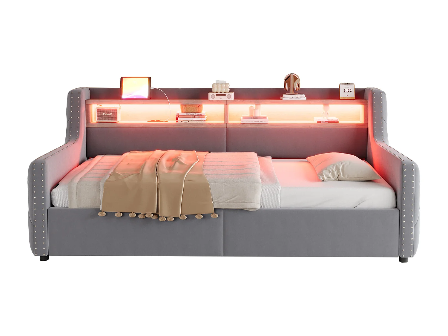 Canapé-lit coffre rembourré 90x200 cm - avec éclairage LED - compartiments de rangement - prise de courant + port de charge - gris clair