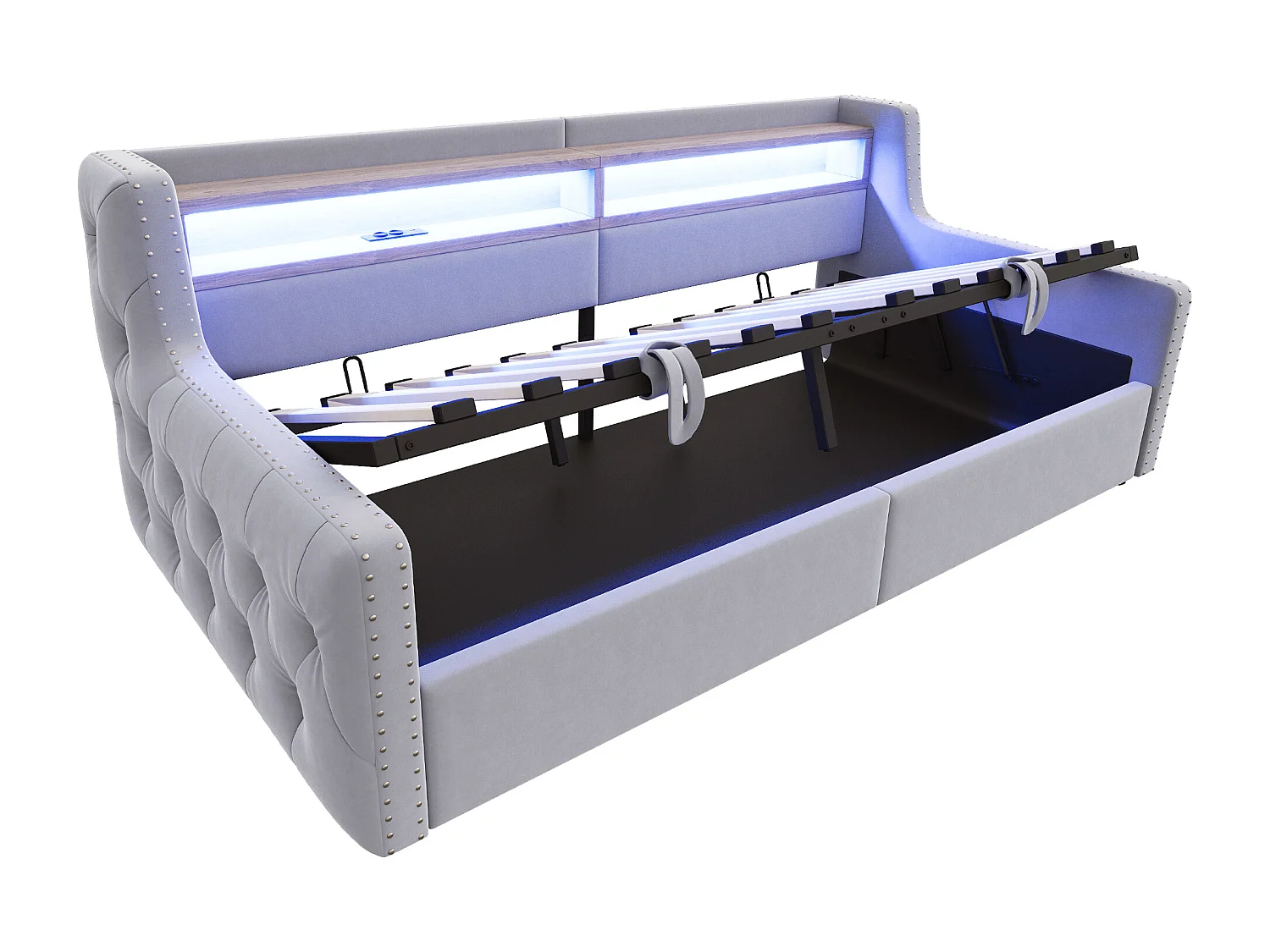 Canapé-lit coffre rembourré 90x200 cm - avec éclairage LED - compartiments de rangement - prise de courant + port de charge - gris clair