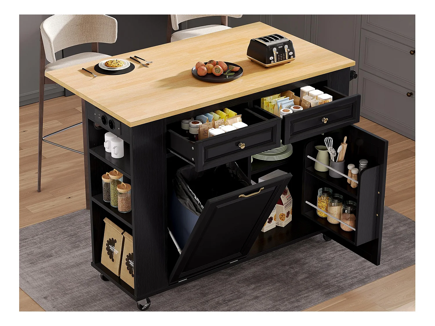 Ilot central de cuisine mobile 120x40-70x92cm - avec roulettes - avec USB - 2 tiroirs et 2 portes - plateau extensible - avec porte-serviettes - noir