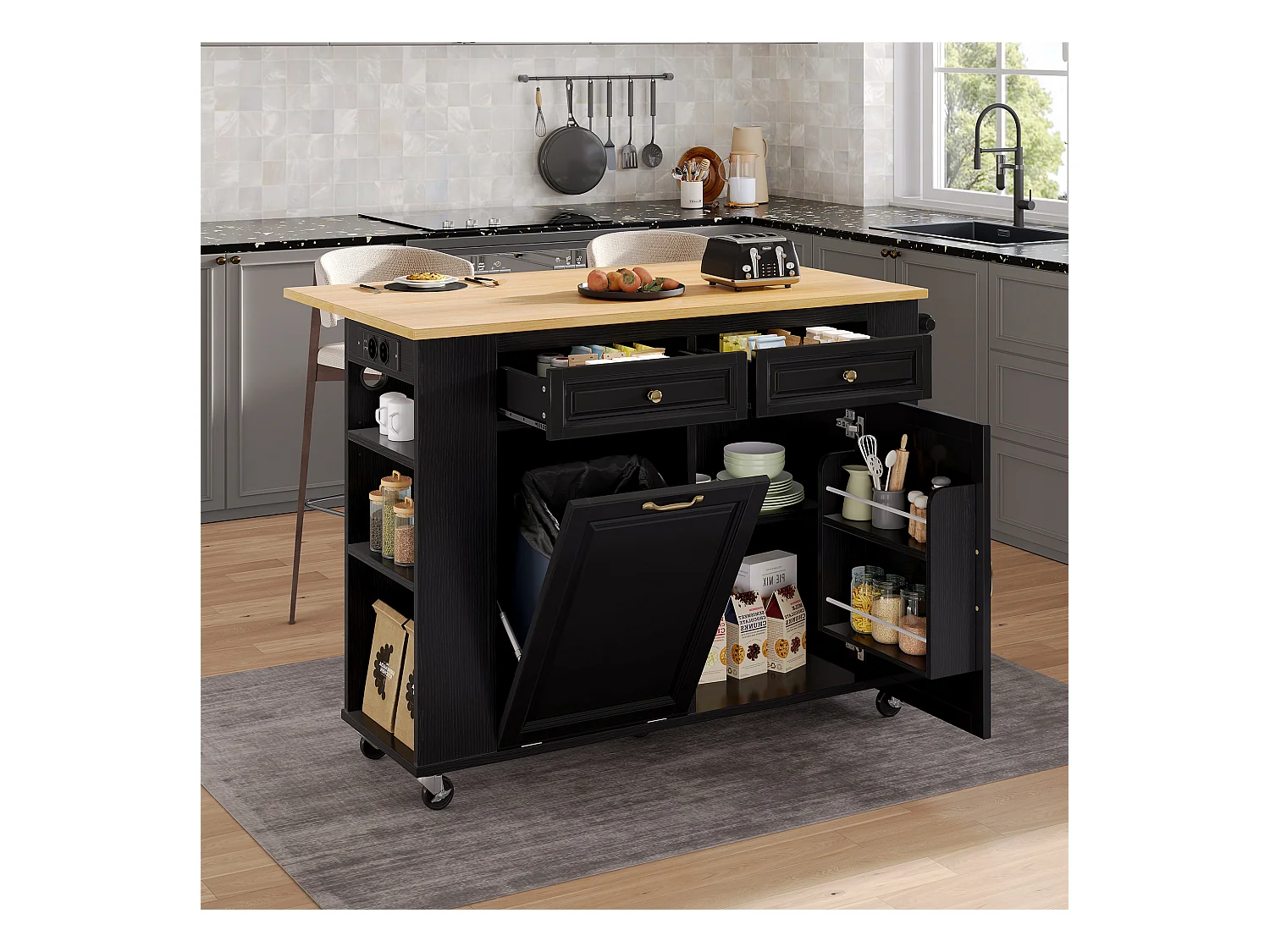 Ilot central de cuisine mobile 120x40-70x92cm - avec roulettes - avec USB - 2 tiroirs et 2 portes - plateau extensible - avec porte-serviettes - noir