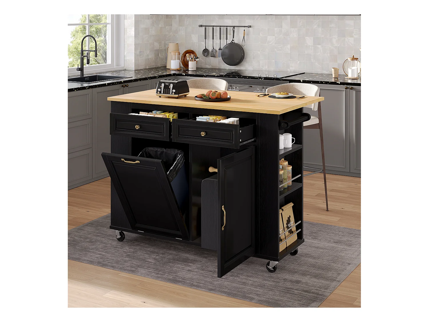 Ilot central de cuisine mobile 120x40-70x92cm - avec roulettes - avec USB - 2 tiroirs et 2 portes - plateau extensible - avec porte-serviettes - noir