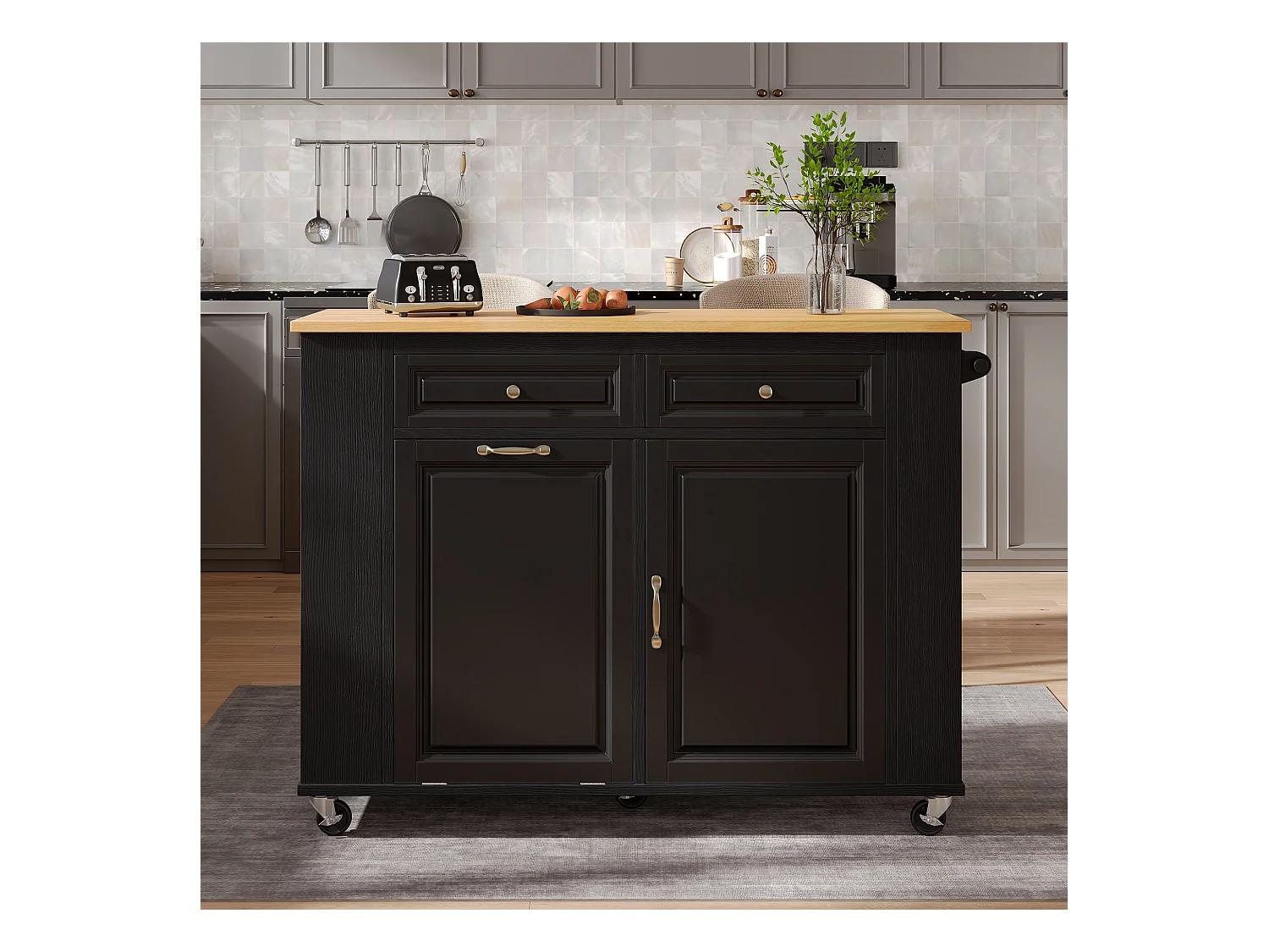 Ilot central de cuisine mobile 120x40-70x92cm - avec roulettes - avec USB - 2 tiroirs et 2 portes - plateau extensible - avec porte-serviettes - noir