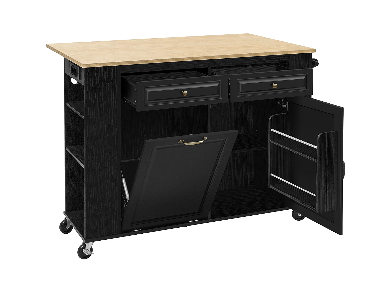 Ilot central de cuisine mobile 120x40-70x92cm - avec roulettes - avec USB - 2 tiroirs et 2 portes - plateau extensible - avec porte-serviettes - noir