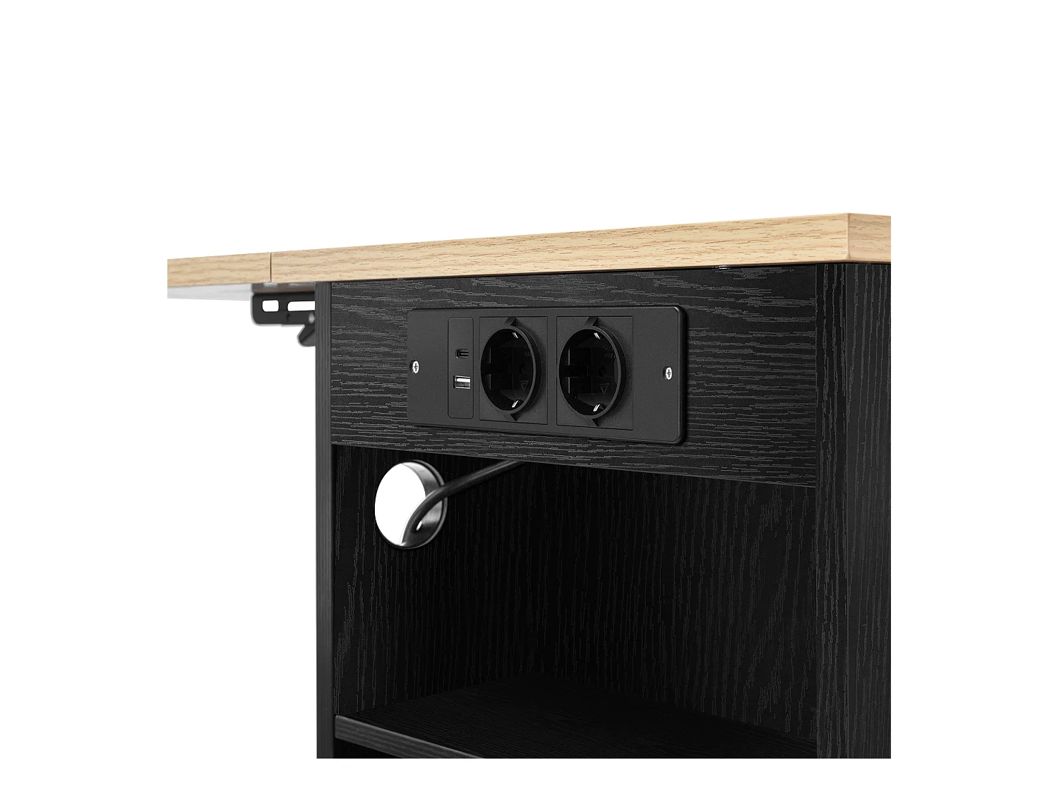 Ilot central de cuisine mobile 120x40-70x92cm - avec roulettes - avec USB - 2 tiroirs et 2 portes - plateau extensible - avec porte-serviettes - noir