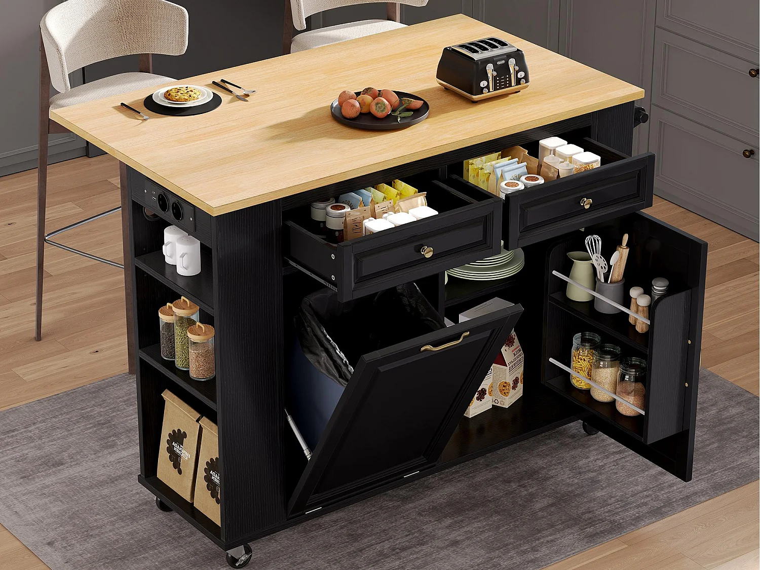 Mobiel keukeneiland 120x40-70x92 cm - met wieltjes - met USB - 2 laden en 2 deuren - uitschuifbaar werkblad - met handdoekhouder - zwart