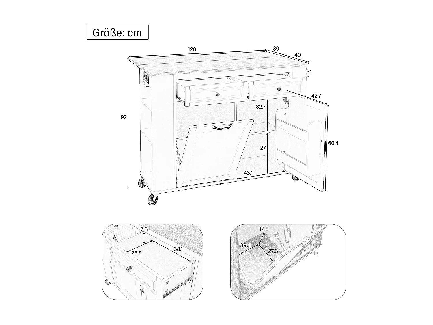 Mobiel keukeneiland 120x40-70x92 cm - met wieltjes - met USB - 2 laden en 2 deuren - uitschuifbaar werkblad - met handdoekhouder - zwart