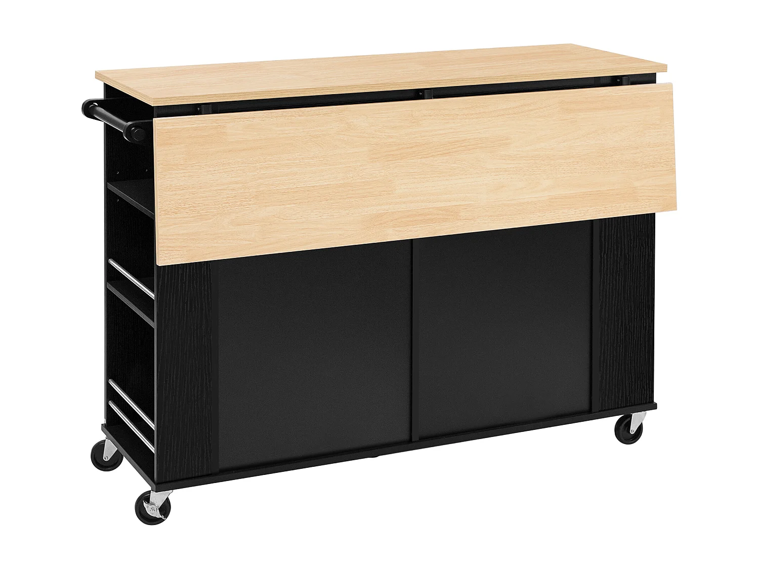 Mobiel keukeneiland 120x40-70x92 cm - met wieltjes - met USB - 2 laden en 2 deuren - uitschuifbaar werkblad - met handdoekhouder - zwart