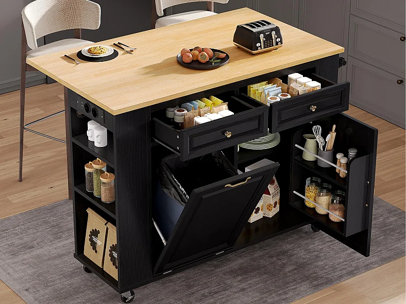 Mobiel keukeneiland 120x40-70x92 cm - met wieltjes - met USB - 2 laden en 2 deuren - uitschuifbaar werkblad - met handdoekhouder - zwart