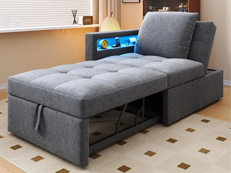 Multifunktions-Schlafsofa - verstellbare Rückenlehne - Armlehnen mit LED-Leisten - USB/Type-C-Anschluss - Hellgrau