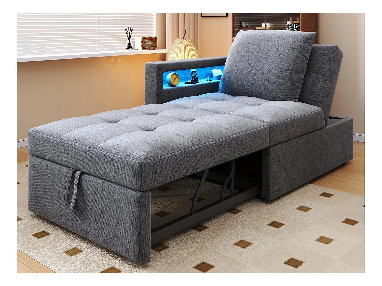 Canapé-lit multifonction - dossier réglable - accoudoirs avec bandes lumineuses LED - Port USB/Type-C - Gris Clair