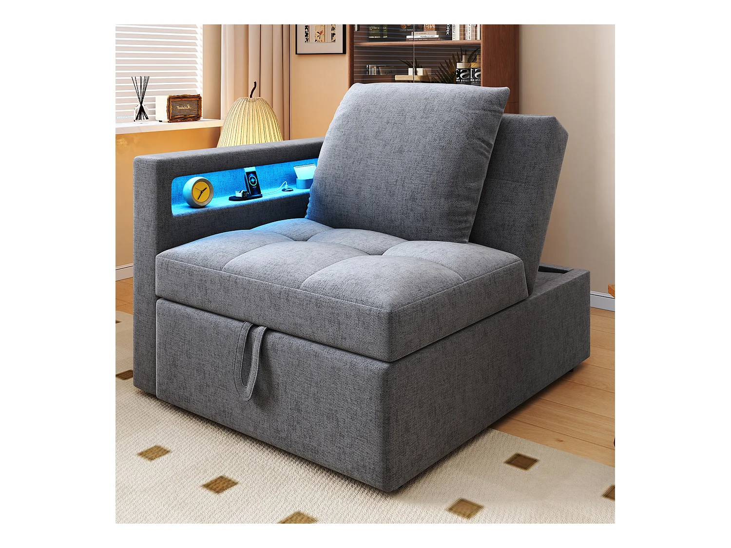 Canapé-lit multifonction - dossier réglable - accoudoirs avec bandes lumineuses LED - Port USB/Type-C - Gris Clair