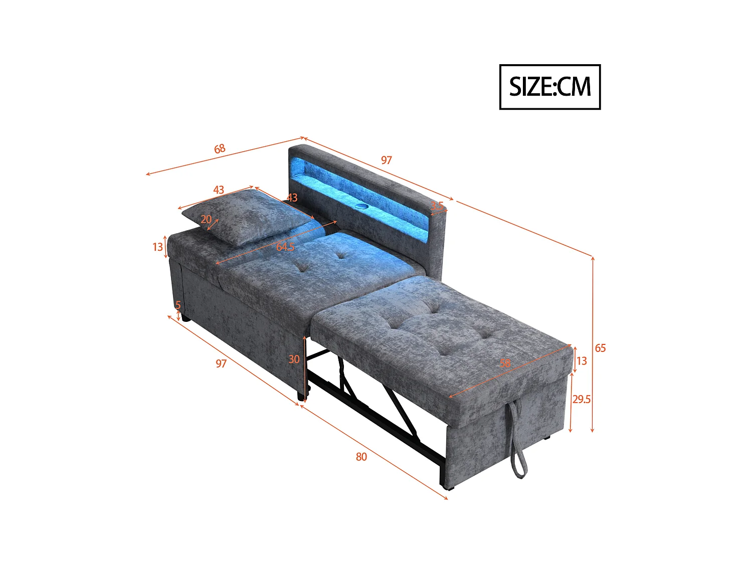 Canapé-lit multifonction - dossier réglable - accoudoirs avec bandes lumineuses LED - Port USB/Type-C - Gris Clair