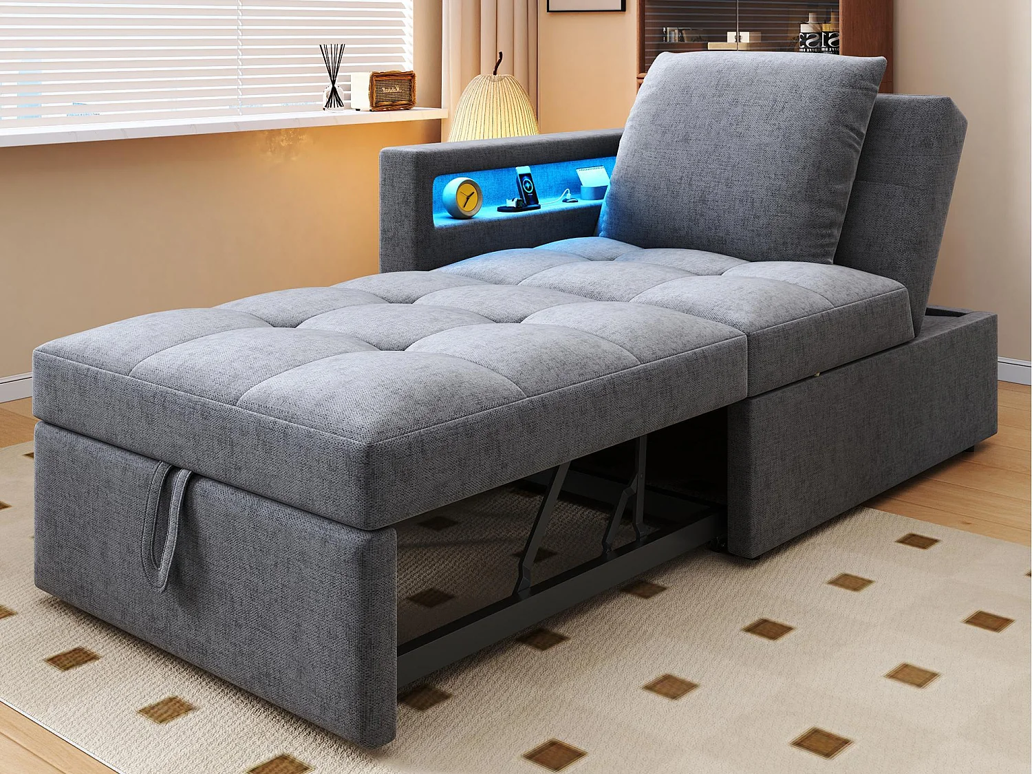 Canapé-lit multifonction - dossier réglable - accoudoirs avec bandes lumineuses LED - Port USB/Type-C - Gris Clair