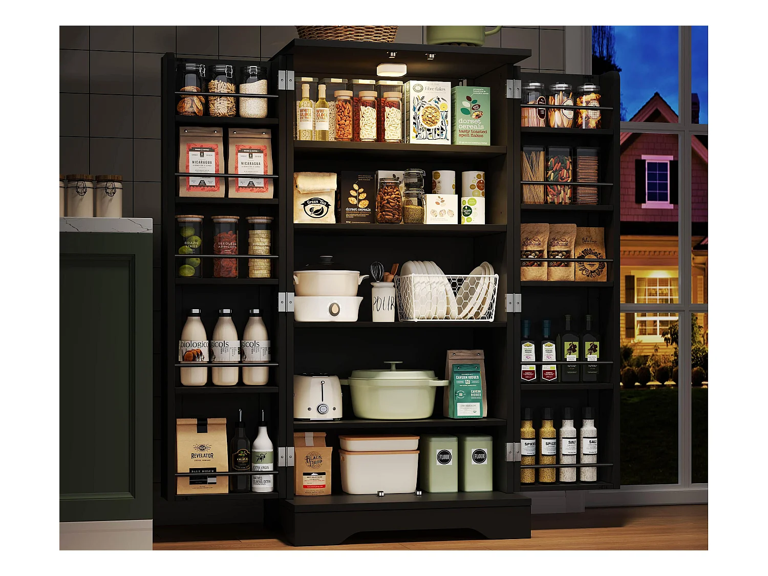 Buffet de cuisine 60x40x120cm - avec capteur de lumière LED - avec 2 portes - avec étagères - design moderne - Noir