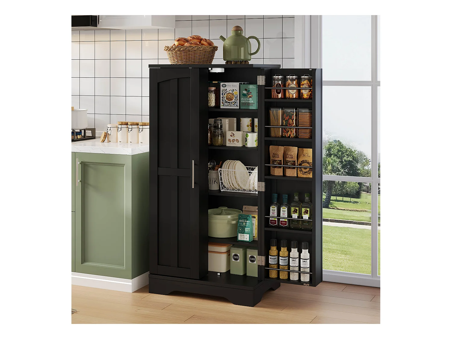 Buffet de cuisine 60x40x120cm - avec capteur de lumière LED - avec 2 portes - avec étagères - design moderne - Noir