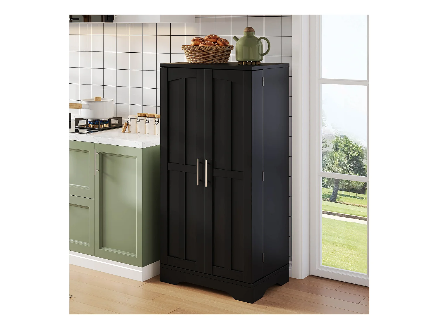 Buffet de cuisine 60x40x120cm - avec capteur de lumière LED - avec 2 portes - avec étagères - design moderne - Noir