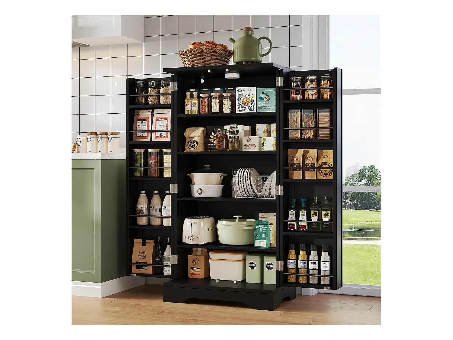 Buffet de cuisine 60x40x120cm - avec capteur de lumière LED - avec 2 portes - avec étagères - design moderne - Noir