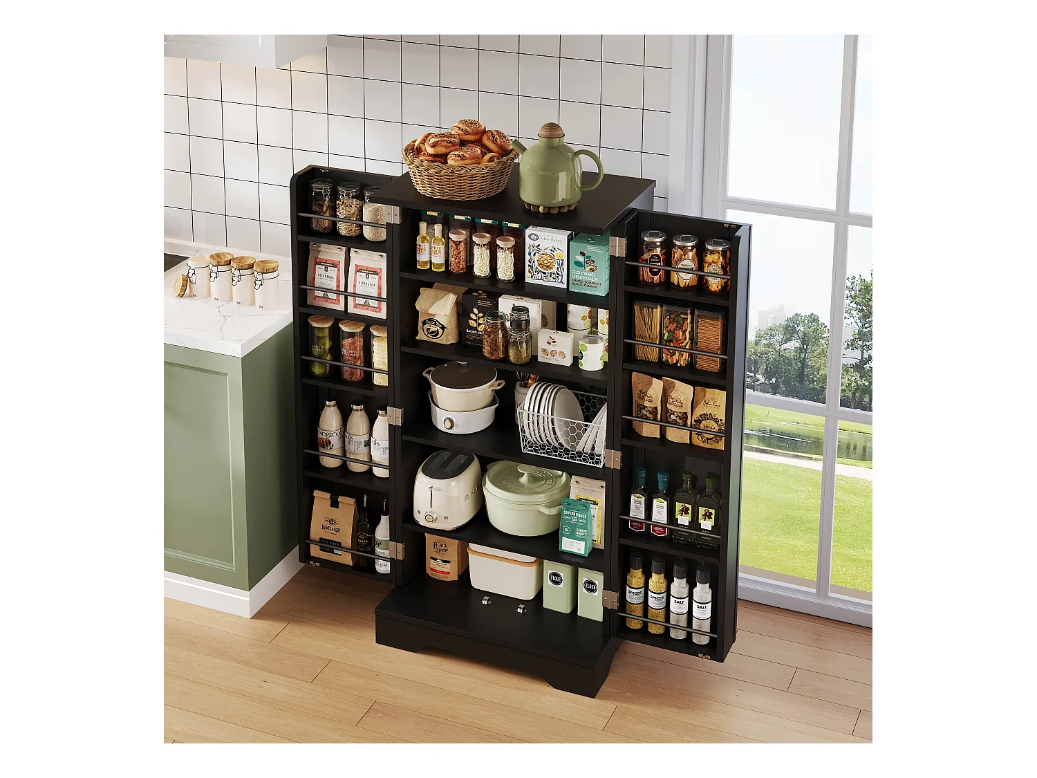 Buffet de cuisine 60x40x120cm - avec capteur de lumière LED - avec 2 portes - avec étagères - design moderne - Noir