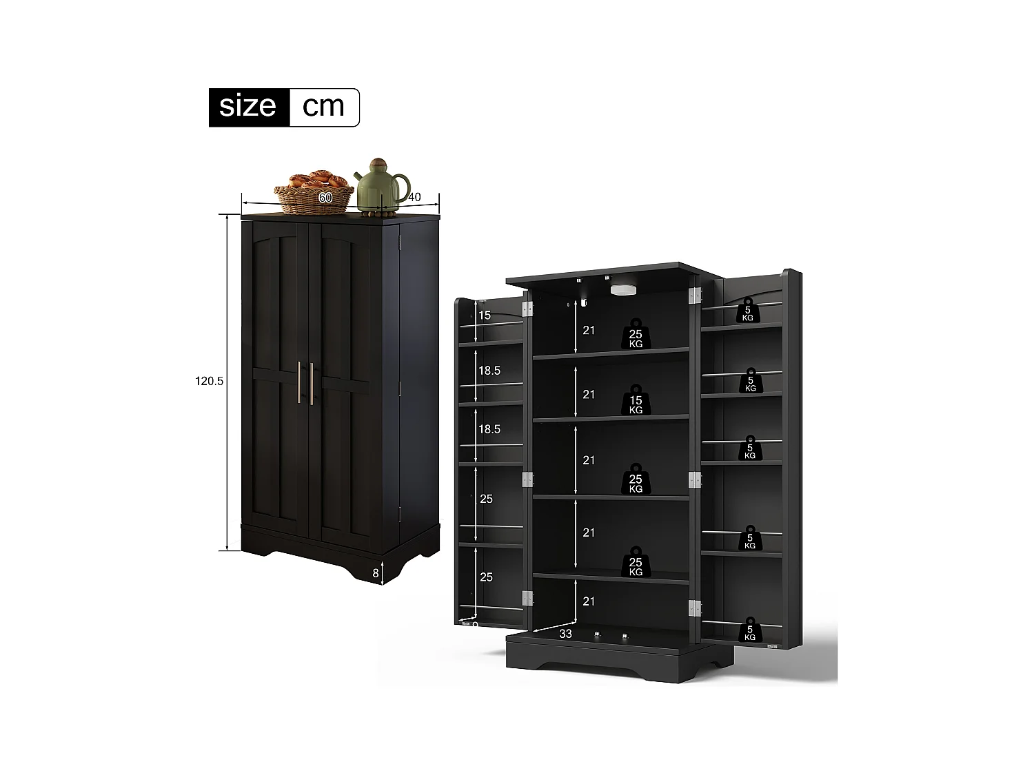 Buffet de cuisine 60x40x120cm - avec capteur de lumière LED - avec 2 portes - avec étagères - design moderne - Noir