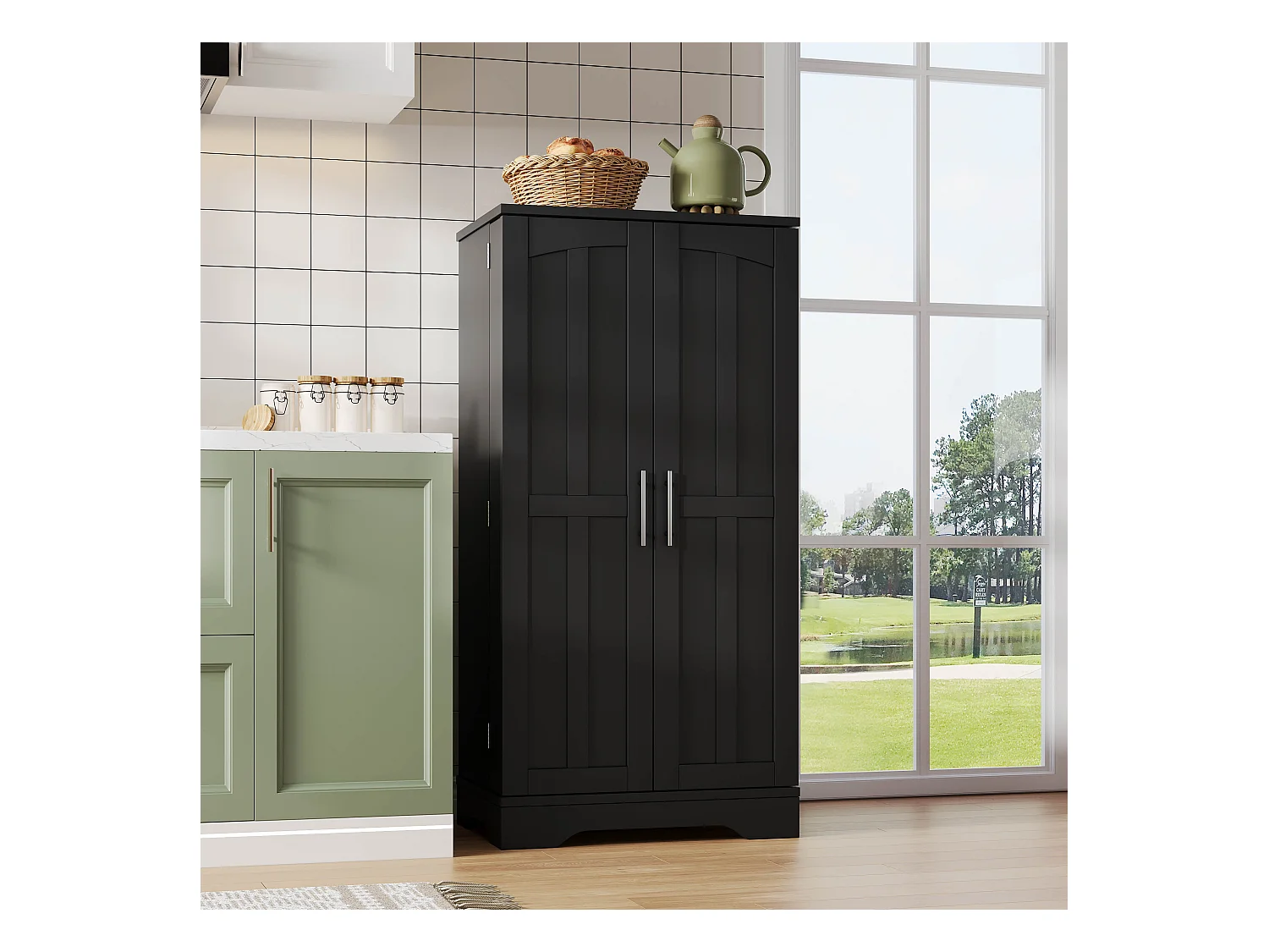 Buffet de cuisine 60x40x120cm - avec capteur de lumière LED - avec 2 portes - avec étagères - design moderne - Noir