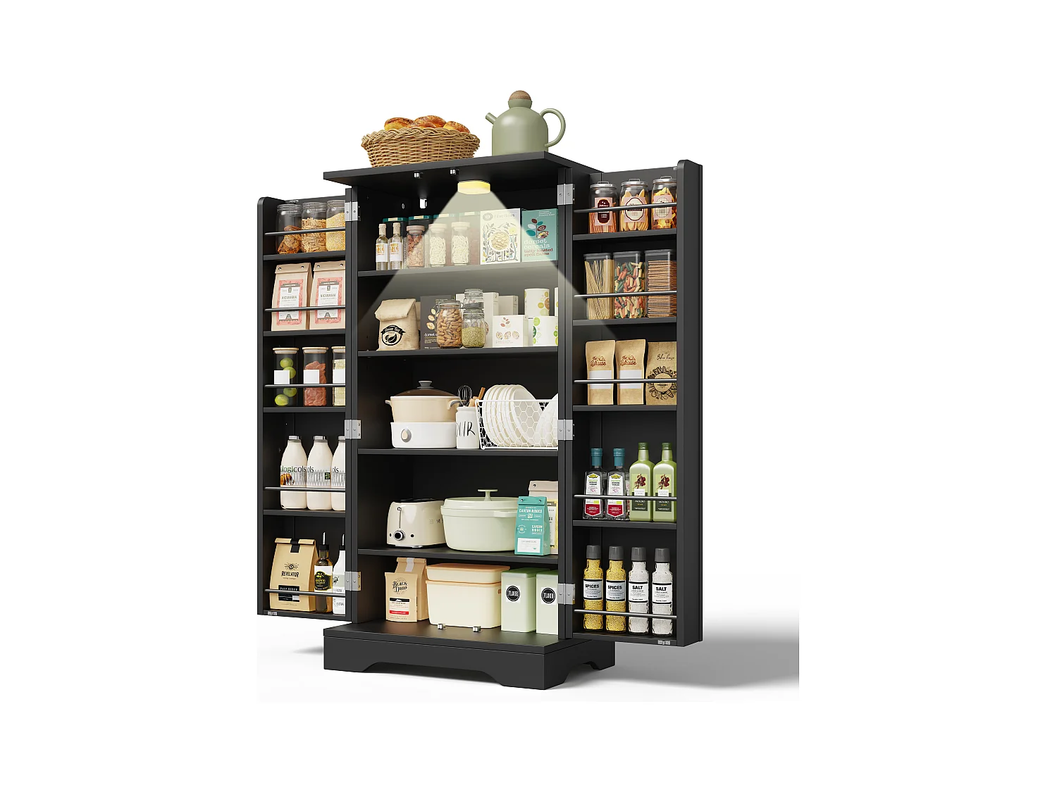 Buffet de cuisine 60x40x120cm - avec capteur de lumière LED - avec 2 portes - avec étagères - design moderne - Noir