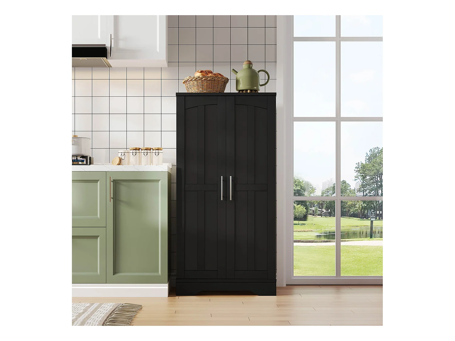 Buffet de cuisine 60x40x120cm - avec capteur de lumière LED - avec 2 portes - avec étagères - design moderne - Noir