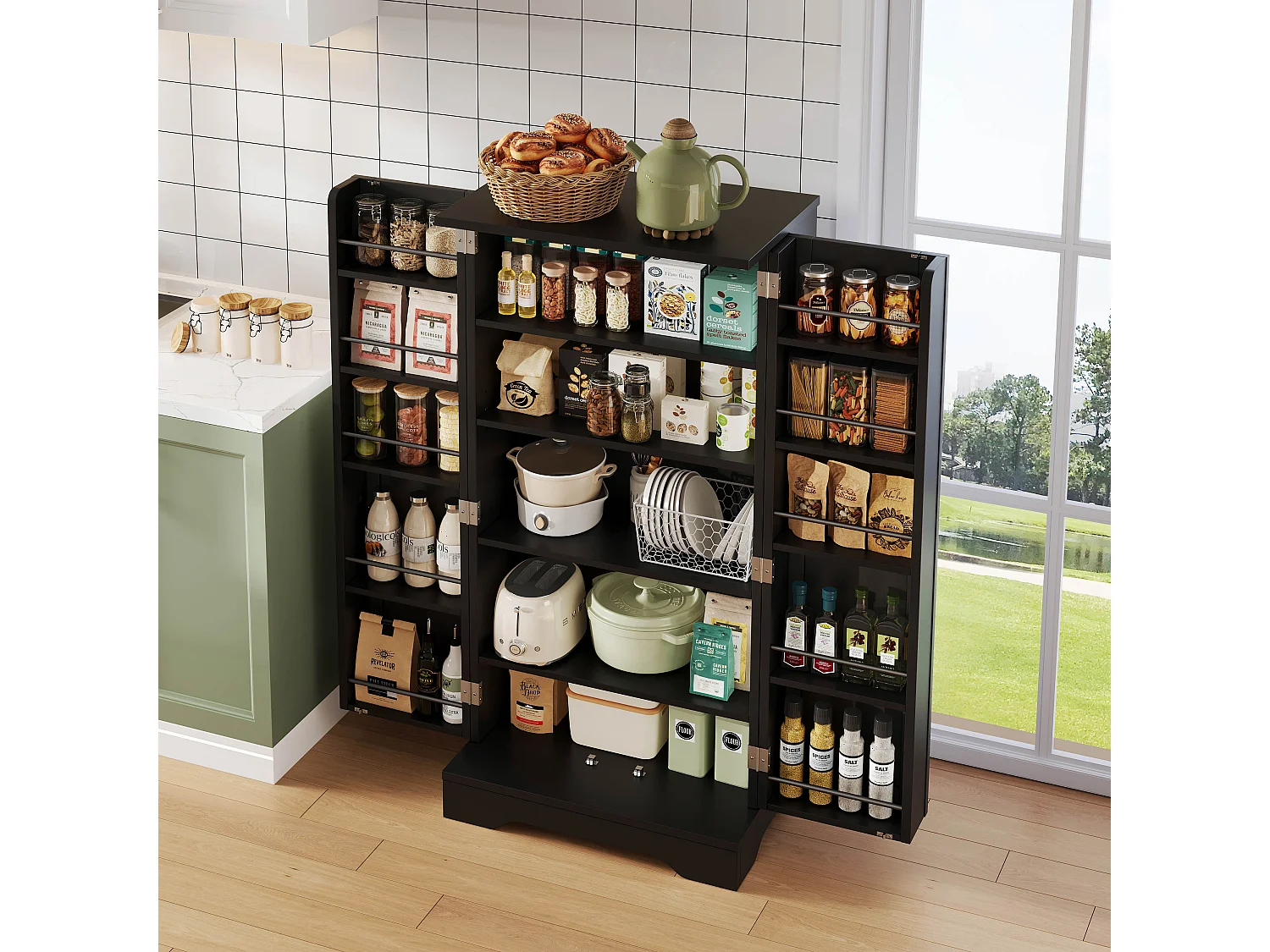 Credenza da cucina 60x40x120 cm - con sensore di luce LED - con 2 ante - con ripiani - design moderno - Nero