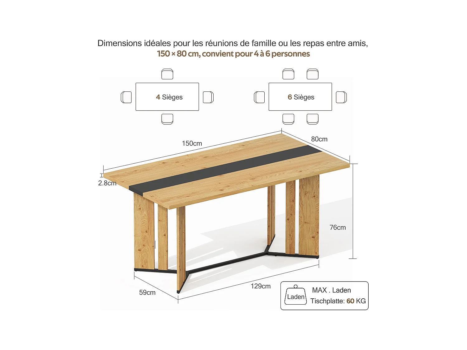 table à manger 150x80x76cm - grain de bois - peut accueillir 6 à 8 personnes - MDF - Naturel