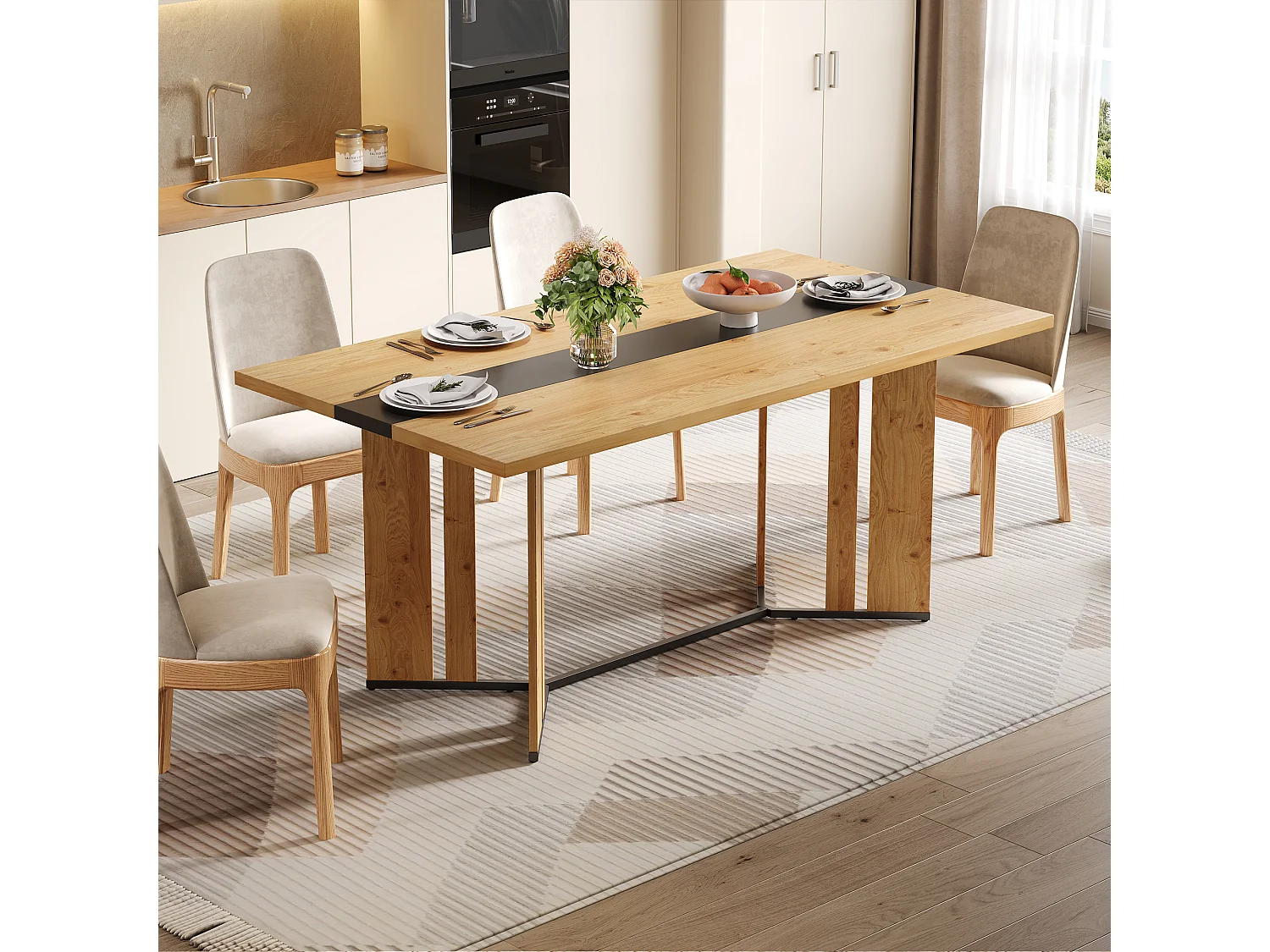 table à manger 150x80x76cm - grain de bois - peut accueillir 6 à 8 personnes - MDF - Naturel