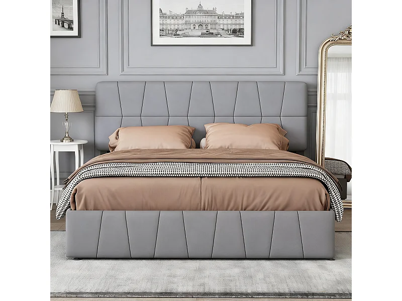 Lit adulte 160x200 avec sommier à lattes - lit 160x200 avec 4 tiroirs - cadre de lit double 160x200 - velours - gris