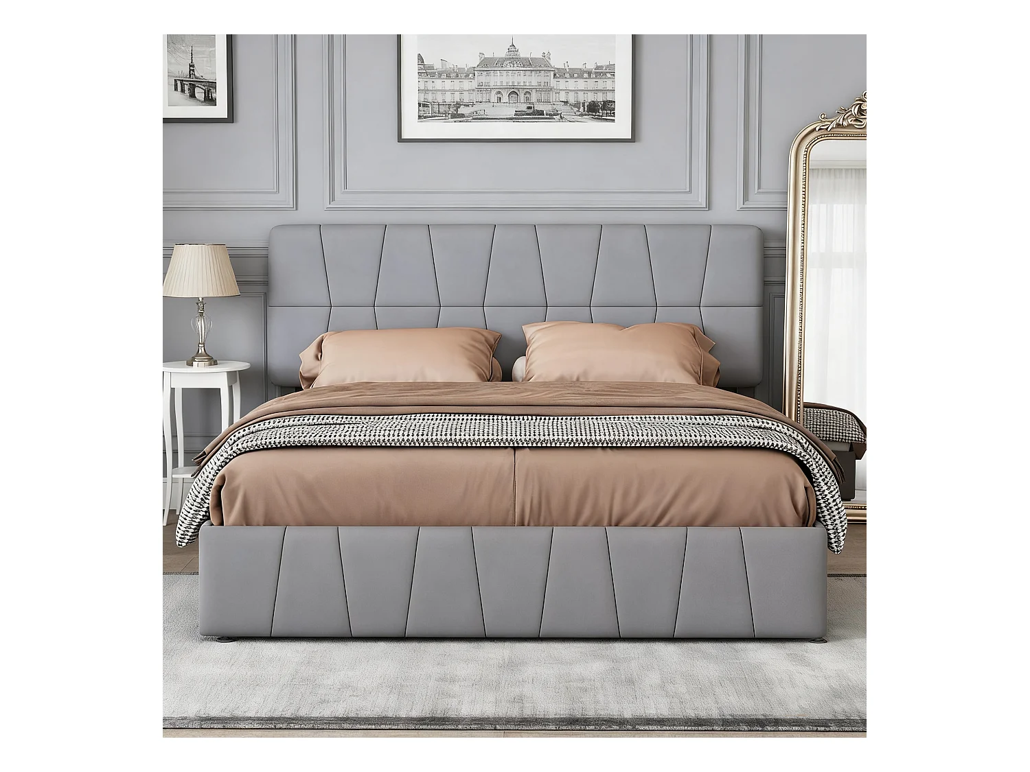 Lit adulte 160x200 avec sommier à lattes - lit 160x200 avec 4 tiroirs - cadre de lit double 160x200 - velours - gris