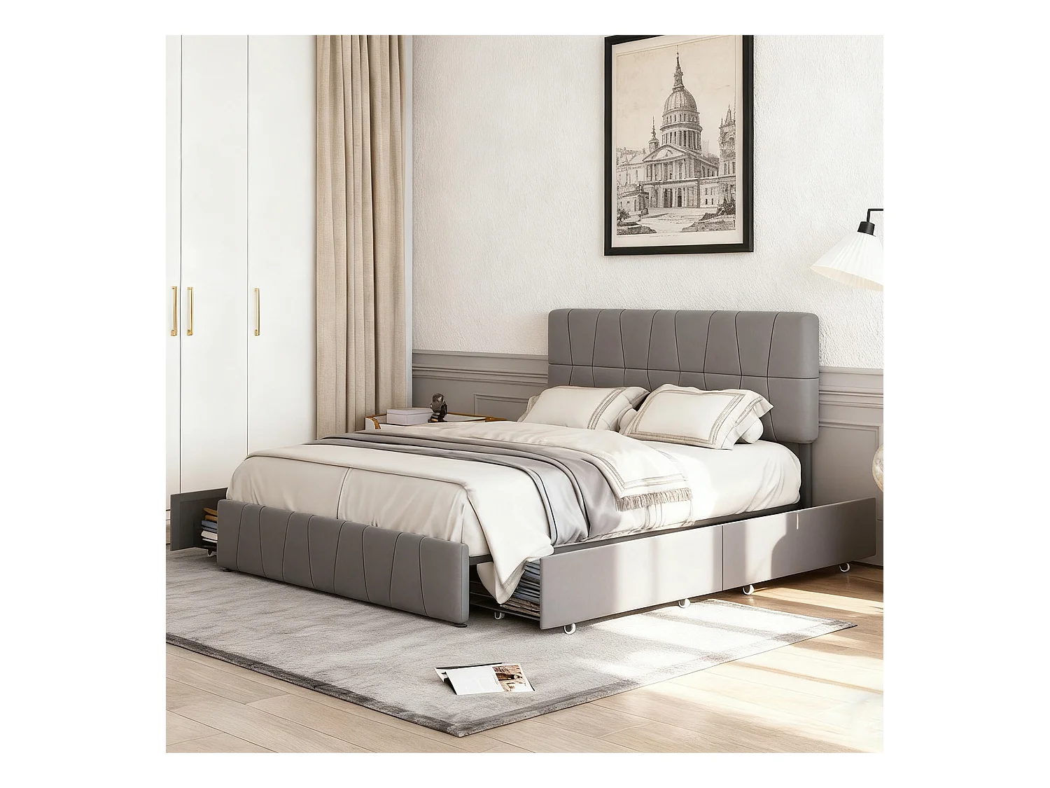 Lit adulte 160x200 avec sommier à lattes - lit 160x200 avec 4 tiroirs - cadre de lit double 160x200 - velours - gris