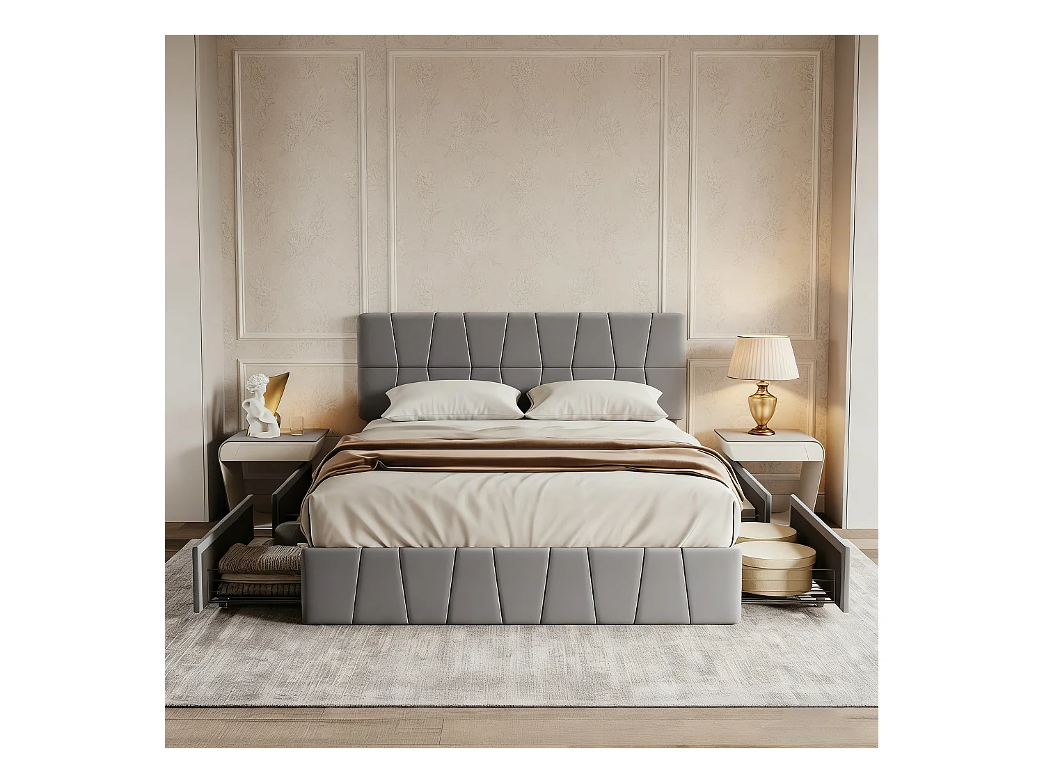 Lit adulte 160x200 avec sommier à lattes - lit 160x200 avec 4 tiroirs - cadre de lit double 160x200 - velours - gris