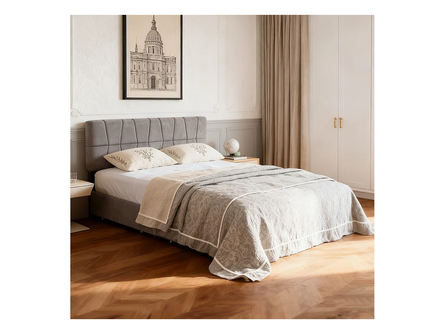 Lit adulte 160x200 avec sommier à lattes - lit 160x200 avec 4 tiroirs - cadre de lit double 160x200 - velours - gris