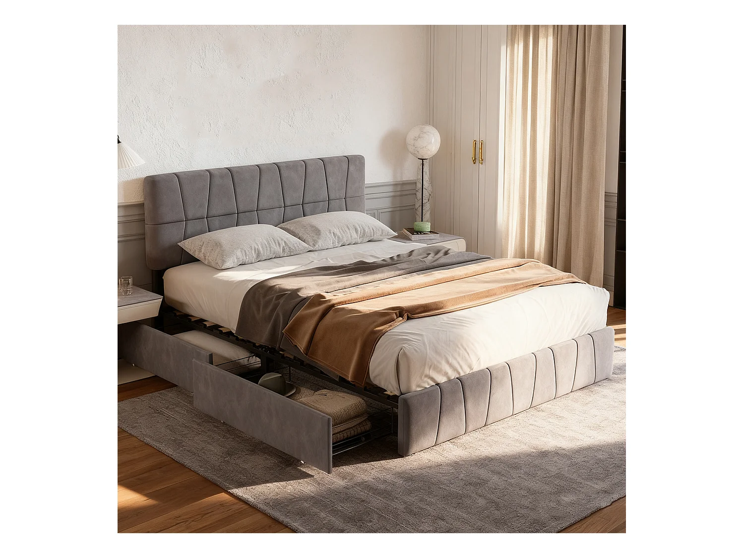 Lit adulte 160x200 avec sommier à lattes - lit 160x200 avec 4 tiroirs - cadre de lit double 160x200 - velours - gris