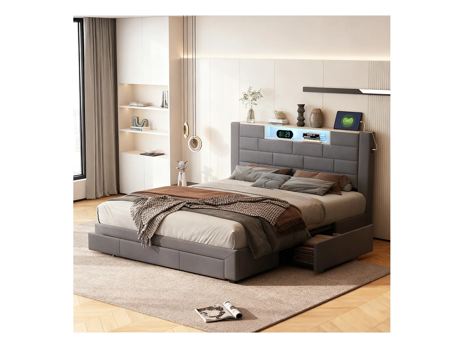 Lit 160x200 cm avec sommier à lattes - NEXU  lit double 160x200 cm avec rangement en tête de lit - LED - USB - lit tiroir 160 x 200 cm - tissu en velours - gris