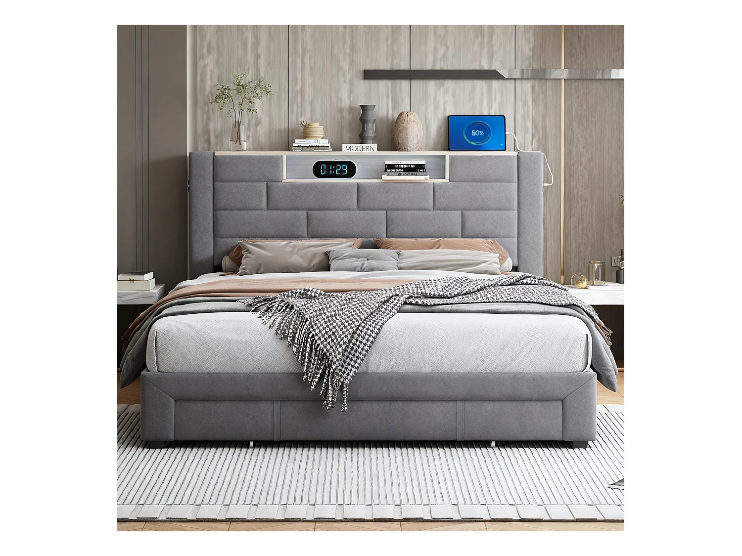 Lit 160x200 cm avec sommier à lattes - NEXU  lit double 160x200 cm avec rangement en tête de lit - LED - USB - lit tiroir 160 x 200 cm - tissu en velours - gris