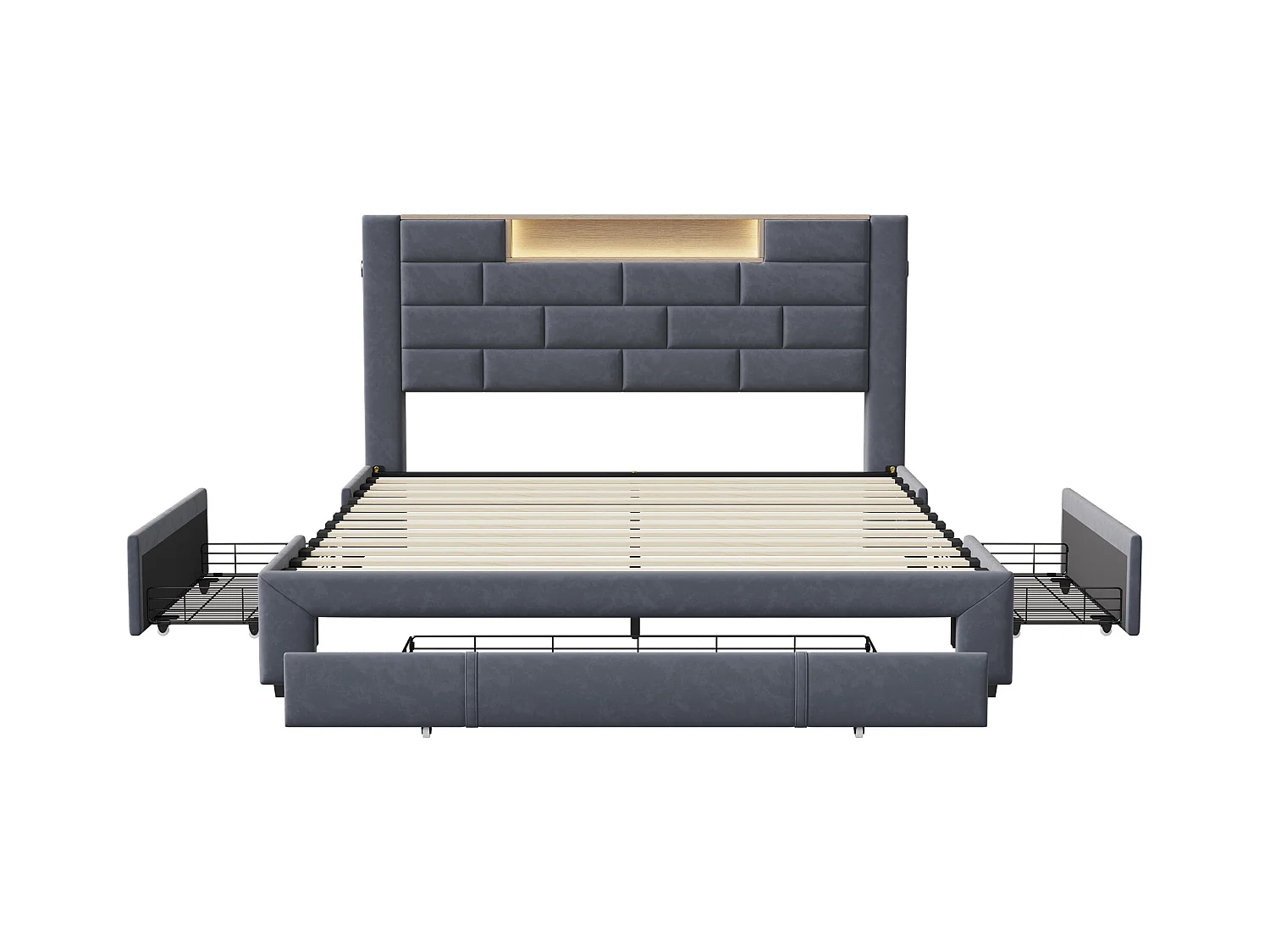 Lit 160x200 cm avec sommier à lattes - NEXU  lit double 160x200 cm avec rangement en tête de lit - LED - USB - lit tiroir 160 x 200 cm - tissu en velours - gris