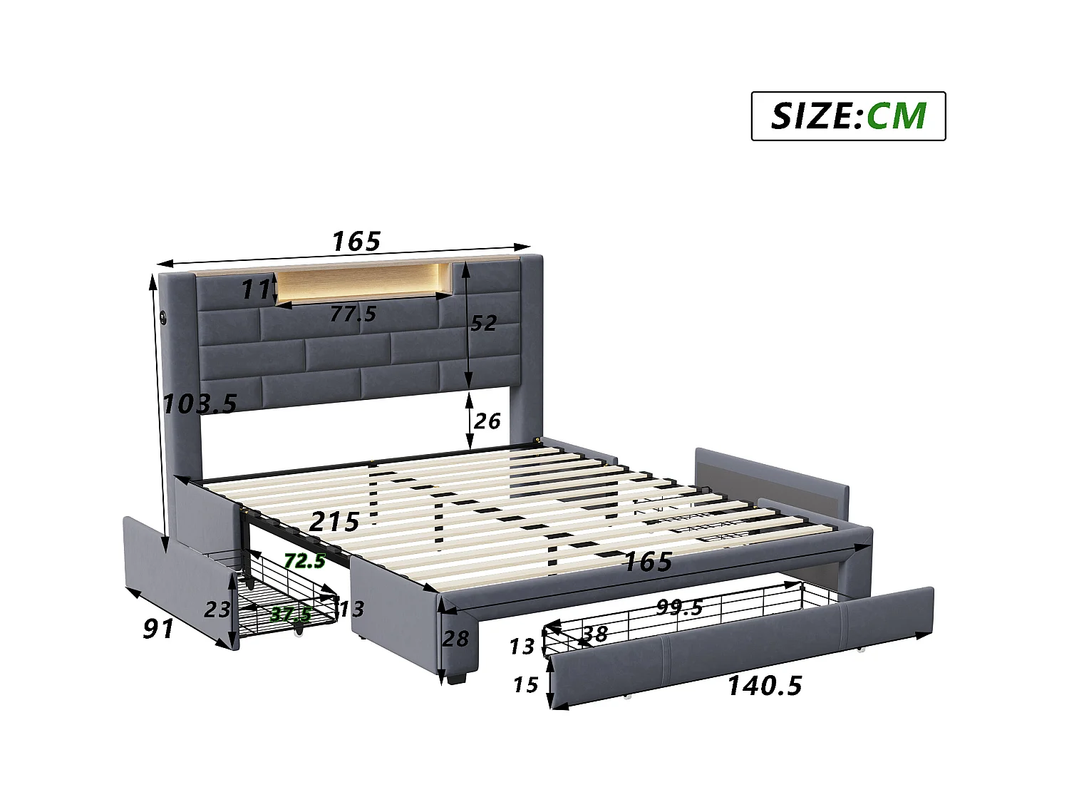 Lit 160x200 cm avec sommier à lattes - NEXU  lit double 160x200 cm avec rangement en tête de lit - LED - USB - lit tiroir 160 x 200 cm - tissu en velours - gris