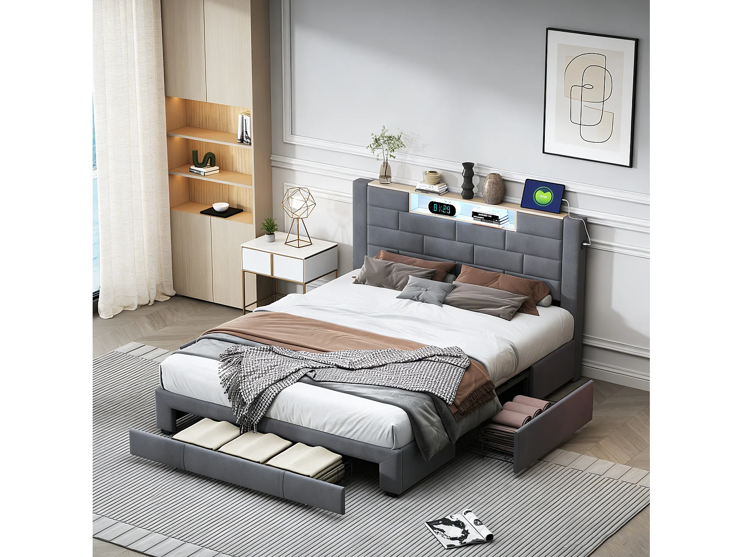 Lit adulte 140x200 cm avec sommier à lattes - lit 140x200 cm avec rangement en tête de lit - LED - USB - lit tiroir 140 x 200 cm - tissu en velours - gris