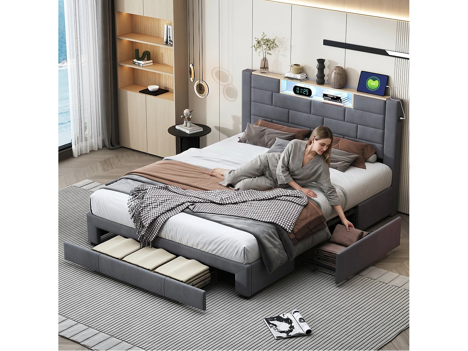Lit adulte 140x200 cm en velours gris - Lit avec sommier à lattes, tête de lit avec rangements intégrés, éclairage LED et ports USB