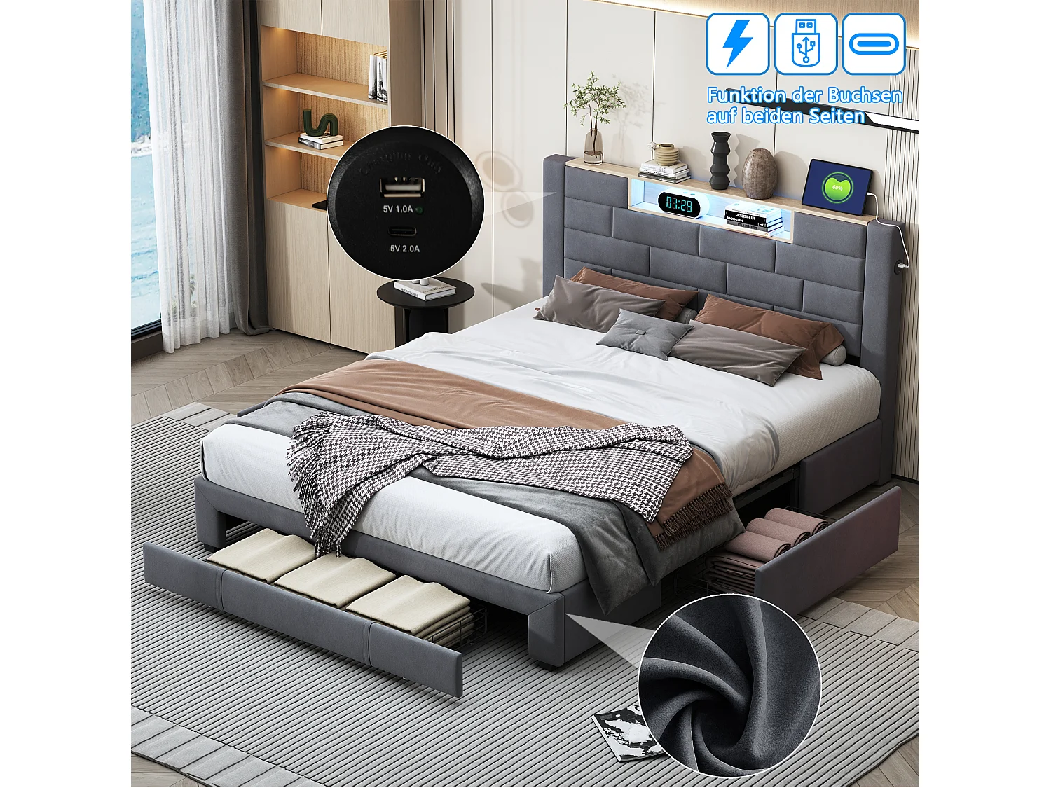 Lit adulte 140x200 cm en velours gris - Lit avec sommier à lattes, tête de lit avec rangements intégrés, éclairage LED et ports USB