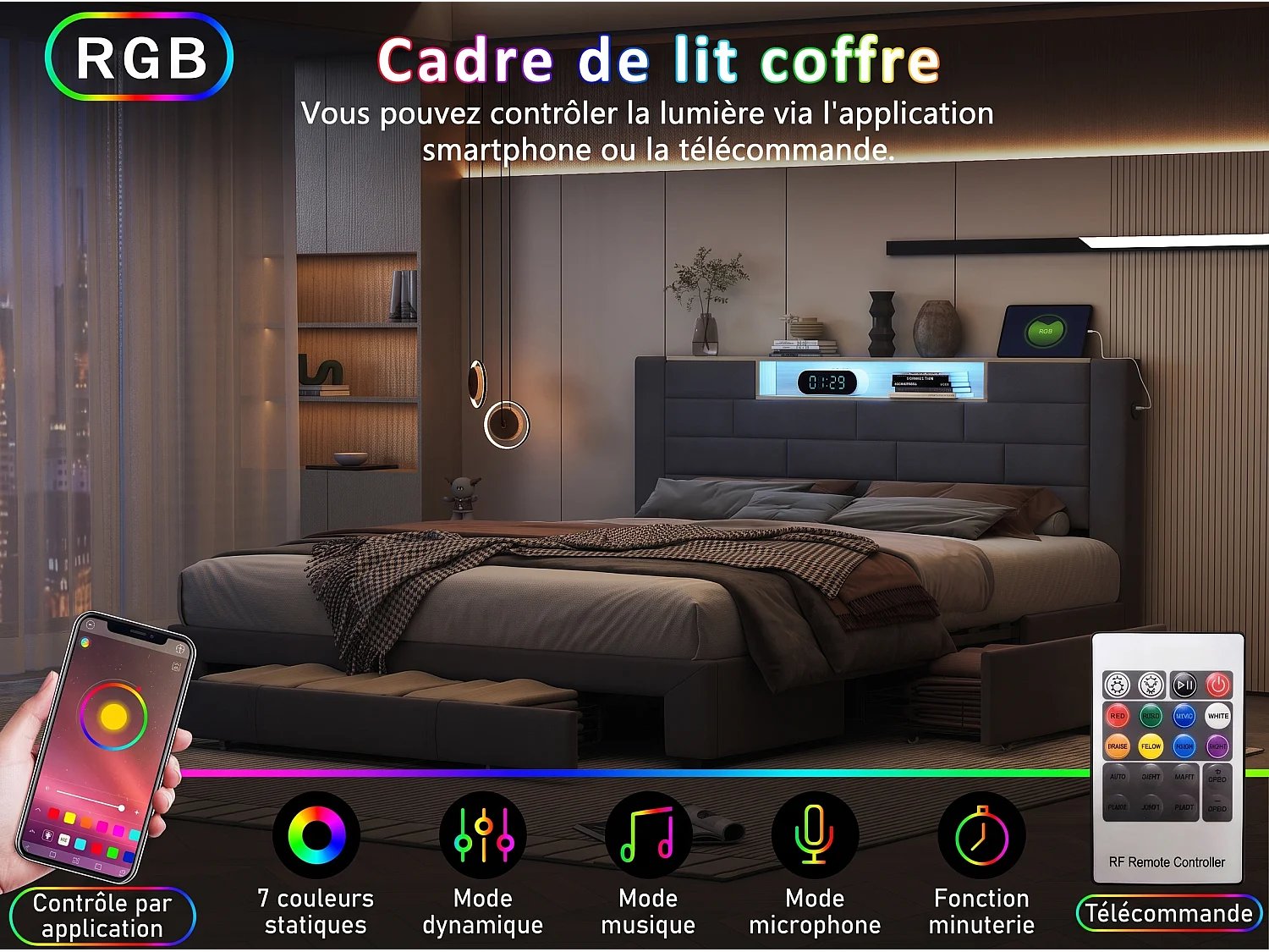 Lit adulte 140x200 cm en velours gris - Lit avec sommier à lattes, tête de lit avec rangements intégrés, éclairage LED et ports USB